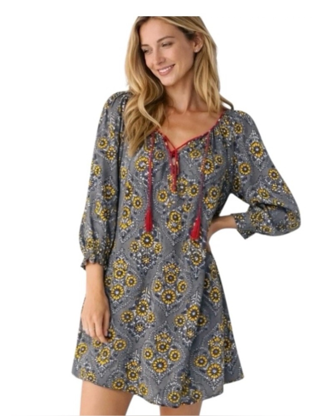 NWOT Natural Life Boho Floral Grey Tie-Front Women’s Tunic Dress